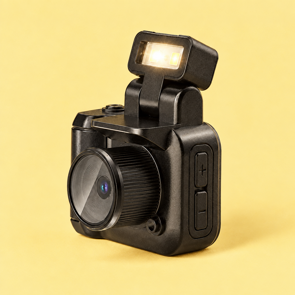 CLICAM Mini Camera angled view with flash open, vintage retro style