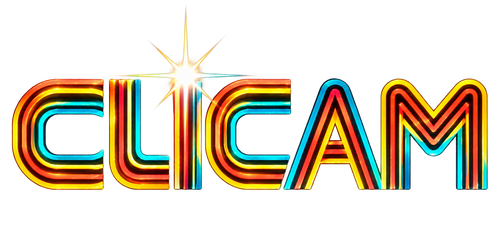 The LOGO 'CLICAM' in bold, stylized retro neon lettering with horizontal rainbow stripes and a bright starburst effect at the top center, on a solid black background.