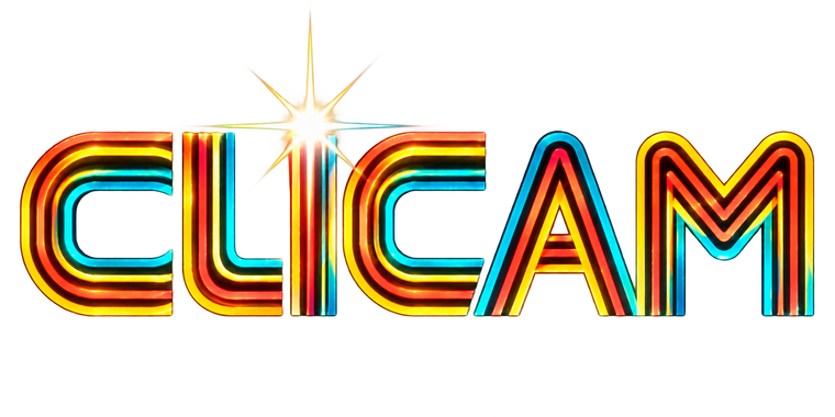 The LOGO 'CLICAM' in bold, stylized retro neon lettering with horizontal rainbow stripes and a bright starburst effect at the top center, on a solid black background.
